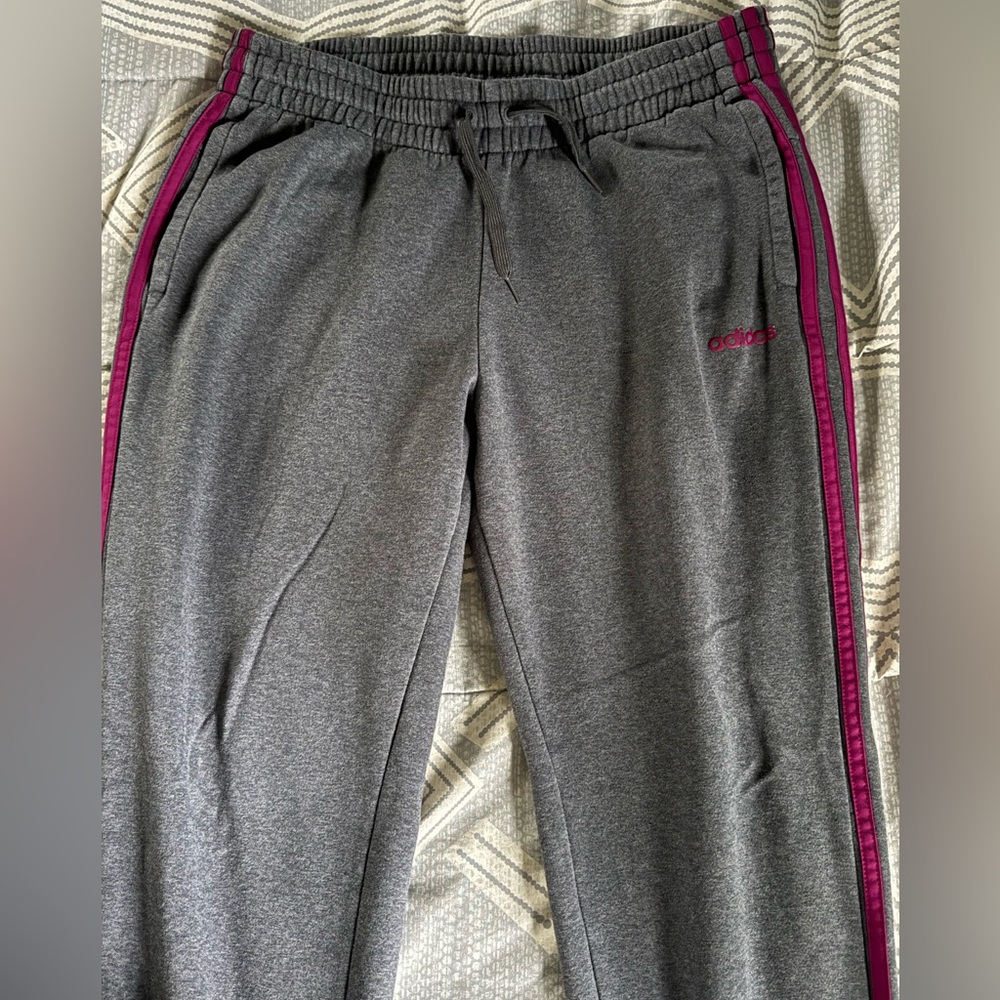 Adidas Womens Gray Sweatpants Pants with Magenta Stripes